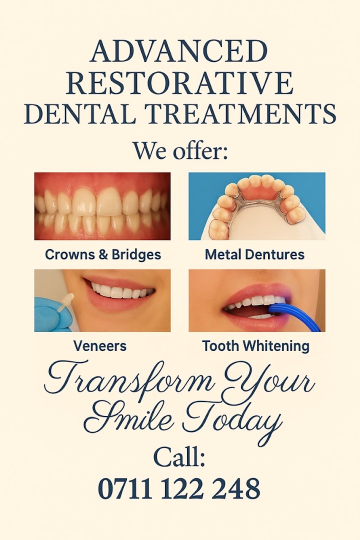 Clinic poster listing restorative dental treatments